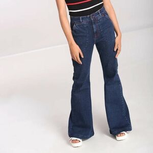 High Waisted Flare Dark Wash Jaclyn Jeans by Hell Bunny